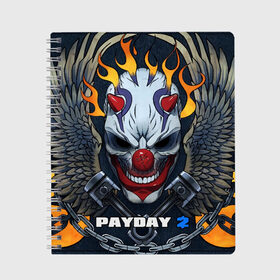 Тетрадь с принтом Payday 2 в Екатеринбурге, 100% бумага | 48 листов, плотность листов — 60 г/м2, плотность картонной обложки — 250 г/м2. Листы скреплены сбоку удобной пружинной спиралью. Уголки страниц и обложки скругленные. Цвет линий — светло-серый
 | Тематика изображения на принте: chains day | game | gun | mask | payday | payday 2 | payday2 | грабители | зло | игра | клоун | маска | ограбление | оружие | пистолет