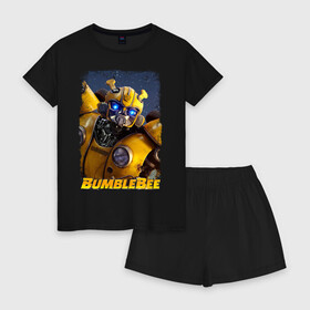 Женская пижама с шортиками хлопок с принтом BumbleBee в Екатеринбурге, 100% хлопок | футболка прямого кроя, шорты свободные с широкой мягкой резинкой | Тематика изображения на принте: adventure | alien | bumblebee | car | film | movie | night | paramount pictures | robot | sky | soldier | stars | transformer | transformers | year | бамблби | год | звезды | машина | небо | ночь | пришелец | пчела | трансформер | трансф