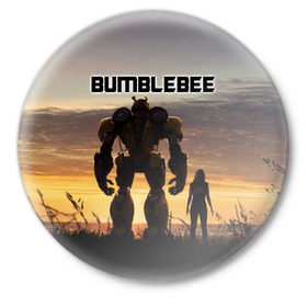 Значок с принтом BUMBLEBEE в Екатеринбурге,  металл | круглая форма, металлическая застежка в виде булавки | bumblebee | автобот | бамблби | герой | камаро | прайм | робот | трансформеры | фильм | шевроле