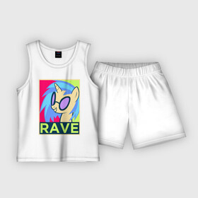 Детская пижама с шортами хлопок с принтом DJ Pon 3 RAVE в Екатеринбурге,  |  | Тематика изображения на принте: dj pon 3 | mlp | my little pony | pony | rave | vinyl scratch | винил скрэтч | млп | мой маленький пони | пони | рейв