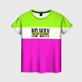 Женская футболка 3D с принтом Serious зелено-розовый в Екатеринбурге, 100% полиэфир ( синтетическое хлопкоподобное полотно) | прямой крой, круглый вырез горловины, длина до линии бедер | кислотные костюмы | кислотные цвета | неон | флуоресцентные принты