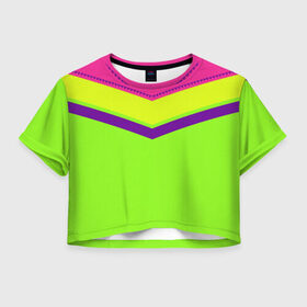 Женская футболка 3D укороченная с принтом Цветные треугольники_ салатовы в Екатеринбурге, 100% полиэстер | круглая горловина, длина футболки до линии талии, рукава с отворотами | кислотные костюмы | кислотные цвета | неон | флуоресцентные принты