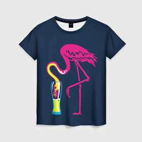 Женская футболка 3D с принтом Кислотный фламинго в Екатеринбурге, 100% полиэфир ( синтетическое хлопкоподобное полотно) | прямой крой, круглый вырез горловины, длина до линии бедер | кислотные костюмы | кислотные цвета | неон | флуоресцентные принты