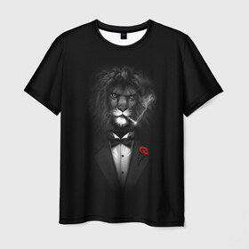 Мужская футболка 3D с принтом Лев в Екатеринбурге, 100% полиэфир | прямой крой, круглый вырез горловины, длина до линии бедер | Тематика изображения на принте: арт | бабочка | грива | дым | животное | костюм | лев | минимализм | роза | смокинг | хищник | царь зверей