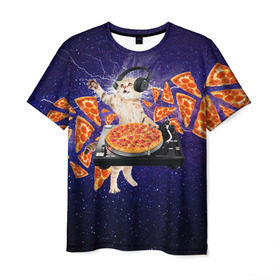 Мужская футболка 3D с принтом Пицца - Кот в Екатеринбурге, 100% полиэфир | прямой крой, круглый вырез горловины, длина до линии бедер | cat | galaxy | lightning | pizza | грозовой кошак | диджей | космос | кот | котики | котэ | кошак | метеориты | молния | пицца | прикол | приколы с котами | прикольная