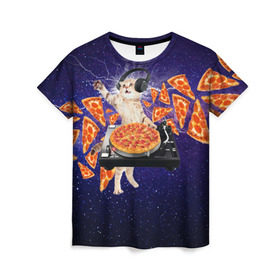 Женская футболка 3D с принтом Пицца - Кот в Екатеринбурге, 100% полиэфир ( синтетическое хлопкоподобное полотно) | прямой крой, круглый вырез горловины, длина до линии бедер | cat | galaxy | lightning | pizza | грозовой кошак | диджей | космос | кот | котики | котэ | кошак | метеориты | молния | пицца | прикол | приколы с котами | прикольная