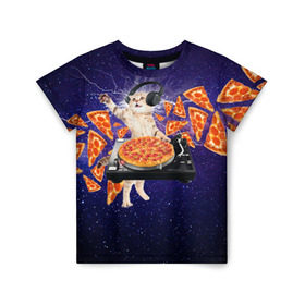 Детская футболка 3D с принтом Пицца - Кот в Екатеринбурге, 100% гипоаллергенный полиэфир | прямой крой, круглый вырез горловины, длина до линии бедер, чуть спущенное плечо, ткань немного тянется | Тематика изображения на принте: cat | galaxy | lightning | pizza | грозовой кошак | диджей | космос | кот | котики | котэ | кошак | метеориты | молния | пицца | прикол | приколы с котами | прикольная