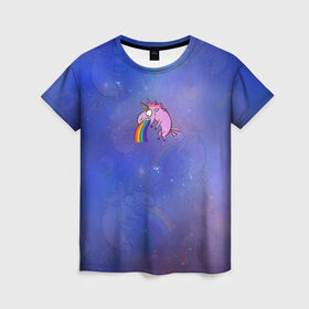 Женская футболка 3D с принтом Единорог, блюющий радугой в Екатеринбурге, 100% полиэфир ( синтетическое хлопкоподобное полотно) | прямой крой, круглый вырез горловины, длина до линии бедер | bird born | блевать | единорог | иллюстратор | кот степан | коты | милота | радуга | тошнит