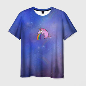 Мужская футболка 3D с принтом Единорог, блюющий радугой в Екатеринбурге, 100% полиэфир | прямой крой, круглый вырез горловины, длина до линии бедер | bird born | блевать | единорог | иллюстратор | кот степан | коты | милота | радуга | тошнит
