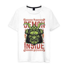 Мужская футболка хлопок с принтом Demon inside в Екатеринбурге, 100% хлопок | прямой крой, круглый вырез горловины, длина до линии бедер, слегка спущенное плечо. | demon | green | inside | japan | ninja | samurai | внутри | демон | зеленый | ниндзя | самурай | япония