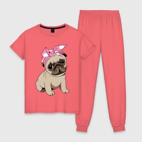 Женская пижама хлопок с принтом Собачка в Екатеринбурге, 100% хлопок | брюки и футболка прямого кроя, без карманов, на брюках мягкая резинка на поясе и по низу штанин | Тематика изображения на принте: dog | pug | мопс | собака