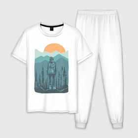 Мужская пижама хлопок с принтом Adventure в Екатеринбурге, 100% хлопок | брюки и футболка прямого кроя, без карманов, на брюках мягкая резинка на поясе и по низу штанин
 | moutains | sun | turism | горы | закат | приключения | природа | тундра | туризм
