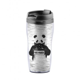 Термокружка-непроливайка с принтом BAD PANDA в Екатеринбурге, внутренняя часть — пищевой пластик, наружная часть — прозрачный пластик, между ними — полиграфическая вставка с рисунком | объем — 350 мл, герметичная крышка | bad | bear | panda | медведь | панда