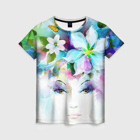 Женская футболка 3D с принтом ДЕВУШКА-ВЕСНА в Екатеринбурге, 100% полиэфир ( синтетическое хлопкоподобное полотно) | прямой крой, круглый вырез горловины, длина до линии бедер | art | fantasy | nature | арт | природа | рисунок | фантазия | фентези