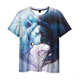 Мужская футболка 3D с принтом Lions love в Екатеринбурге, 100% полиэфир | прямой крой, круглый вырез горловины, длина до линии бедер | love | день | лев | львиное сердце | любовь | ночь | сердце