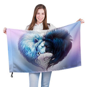 Флаг 3D с принтом Lions love в Екатеринбурге, 100% полиэстер | плотность ткани — 95 г/м2, размер — 67 х 109 см. Принт наносится с одной стороны | love | день | лев | львиное сердце | любовь | ночь | сердце