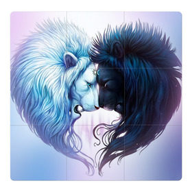Магнитный плакат 3Х3 с принтом Lions love в Екатеринбурге, Полимерный материал с магнитным слоем | 9 деталей размером 9*9 см | love | день | лев | львиное сердце | любовь | ночь | сердце