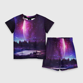 Детский костюм с шортами 3D с принтом Северный закат в Екатеринбурге,  |  | galaxy | nebula | neon | space | star | абстракция | вселенная | галактика | звезда | звезды | космический | неон | неоновый | неоновый космос | планеты