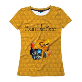 Женская футболка 3D с принтом BumbleBee в Екатеринбурге, 100% полиэфир ( синтетическое хлопкоподобное полотно) | прямой крой, круглый вырез горловины, длина до линии бедер | 2019 | bumble bee | transformers | арт | бамблби | желтая | киборг | классная | мёд | надпись | прикольная | пчела | робот | соты | трансформеры | улей | фильм