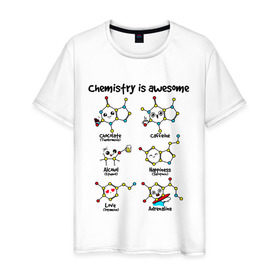 Мужская футболка хлопок с принтом Chemistry is awesome в Екатеринбурге, 100% хлопок | прямой крой, круглый вырез горловины, длина до линии бедер, слегка спущенное плечо. | adrenaline | alcohol | caffeine | chocolate | happiness | love | адреналин | атомы | кофеин | любовь | молекулы | потрясающая. наука | связи | счастье | удивительная | химия | шоколад