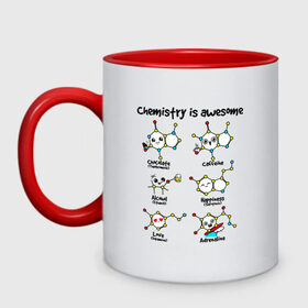 Кружка двухцветная с принтом Chemistry is awesome в Екатеринбурге, керамика | объем — 330 мл, диаметр — 80 мм. Цветная ручка и кайма сверху, в некоторых цветах — вся внутренняя часть | Тематика изображения на принте: adrenaline | alcohol | caffeine | chocolate | happiness | love | адреналин | атомы | кофеин | любовь | молекулы | потрясающая. наука | связи | счастье | удивительная | химия | шоколад