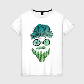 Женская футболка хлопок с принтом Mountain man в Екатеринбурге, 100% хлопок | прямой крой, круглый вырез горловины, длина до линии бедер, слегка спущенное плечо | борода | велосипед | горы | лес | лицо | очки | путешествия | турист | усы | шапка