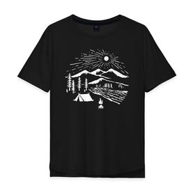 Мужская футболка хлопок Oversize с принтом Поход в Екатеринбурге, 100% хлопок | свободный крой, круглый ворот, “спинка” длиннее передней части | горы | костёр | лес | озеро | палатка | приключения | природа | путешествие | речка | солнце | турист