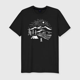 Мужская футболка премиум с принтом Поход в Екатеринбурге, 92% хлопок, 8% лайкра | приталенный силуэт, круглый вырез ворота, длина до линии бедра, короткий рукав | горы | костёр | лес | озеро | палатка | приключения | природа | путешествие | речка | солнце | турист
