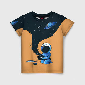 Детская футболка 3D с принтом Космонавт и чернила в Екатеринбурге, 100% гипоаллергенный полиэфир | прямой крой, круглый вырез горловины, длина до линии бедер, чуть спущенное плечо, ткань немного тянется | nasa | астронавт | астрономия | вселенная | звёзды | комета | космос | перо | планеты | скафандр | чернильница