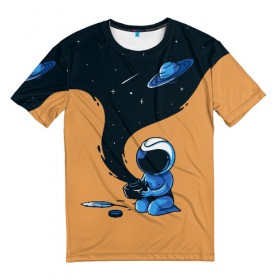 Мужская футболка 3D с принтом Космонавт и чернила в Екатеринбурге, 100% полиэфир | прямой крой, круглый вырез горловины, длина до линии бедер | Тематика изображения на принте: nasa | астронавт | астрономия | вселенная | звёзды | комета | космос | перо | планеты | скафандр | чернильница