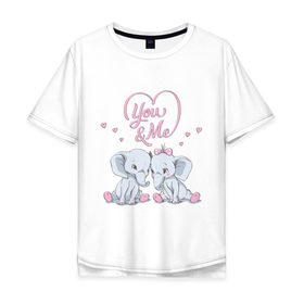 Мужская футболка хлопок Oversize с принтом Влюбленные слоны в Екатеринбурге, 100% хлопок | свободный крой, круглый ворот, “спинка” длиннее передней части | 