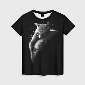 Женская футболка 3D с принтом Спящий Кот на Луне в Екатеринбурге, 100% полиэфир ( синтетическое хлопкоподобное полотно) | прямой крой, круглый вырез горловины, длина до линии бедер | Тематика изображения на принте: вселенная | звезды | космос | котейка | котенок | котэ | котя | лапочка | луна | милый | мимими | ночь | прелесть | сон | спутник