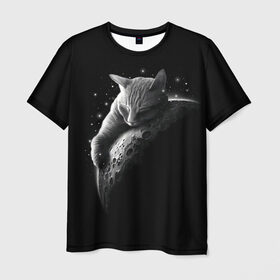 Мужская футболка 3D с принтом Спящий Кот на Луне в Екатеринбурге, 100% полиэфир | прямой крой, круглый вырез горловины, длина до линии бедер | вселенная | звезды | космос | котейка | котенок | котэ | котя | лапочка | луна | милый | мимими | ночь | прелесть | сон | спутник
