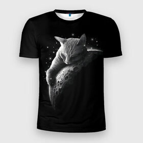 Мужская футболка 3D спортивная с принтом Спящий Кот на Луне в Екатеринбурге, 100% полиэстер с улучшенными характеристиками | приталенный силуэт, круглая горловина, широкие плечи, сужается к линии бедра | вселенная | звезды | космос | котейка | котенок | котэ | котя | лапочка | луна | милый | мимими | ночь | прелесть | сон | спутник