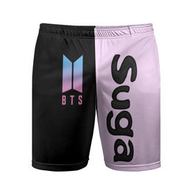 Мужские шорты 3D спортивные с принтом BTS Suga в Екатеринбурге,  |  | bts | suga | бтс | группа | корейская | музыка | розовый | цветы | черный