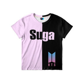 Детская футболка 3D с принтом BTS Suga в Екатеринбурге, 100% гипоаллергенный полиэфир | прямой крой, круглый вырез горловины, длина до линии бедер, чуть спущенное плечо, ткань немного тянется | bts | suga | бтс | группа | корейская | музыка | розовый | цветы | черный