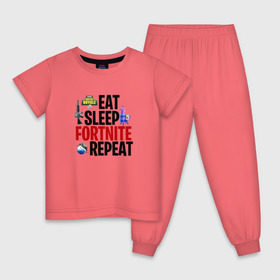 Детская пижама хлопок с принтом Eat Sleep Fortnite Repeat в Екатеринбурге, 100% хлопок |  брюки и футболка прямого кроя, без карманов, на брюках мягкая резинка на поясе и по низу штанин
 | Тематика изображения на принте: 