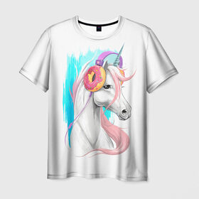 Мужская футболка 3D с принтом Music Unicorn Art в Екатеринбурге, 100% полиэфир | прямой крой, круглый вырез горловины, длина до линии бедер | волшебный | единорог | единорожик | единорожка | магия | музыка | пончик | пончики