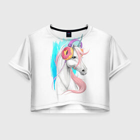 Женская футболка 3D укороченная с принтом Music Unicorn Art в Екатеринбурге, 100% полиэстер | круглая горловина, длина футболки до линии талии, рукава с отворотами | волшебный | единорог | единорожик | единорожка | магия | музыка | пончик | пончики