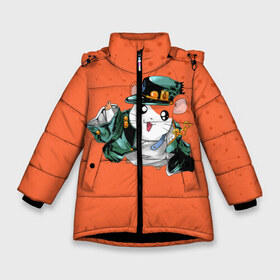 Зимняя куртка для девочек 3D с принтом JOJO Bizzare Adventure в Екатеринбурге, ткань верха — 100% полиэстер; подклад — 100% полиэстер, утеплитель — 100% полиэстер. | длина ниже бедра, удлиненная спинка, воротник стойка и отстегивающийся капюшон. Есть боковые карманы с листочкой на кнопках, утяжки по низу изделия и внутренний карман на молнии. 

Предусмотрены светоотражающий принт на спинке, радужный светоотражающий элемент на пуллере молнии и на резинке для утяжки. | Тематика изображения на принте: adventure | anime | bizzare | jo jo | jojo | logo | manga | аниме | араки | ахегао | джо | джо джо | джоджо | жижа | жожа | жожо | йойо | лого | манга | мульт | мультфильм | отаку | сериал | символ | хирохико | юри | яой