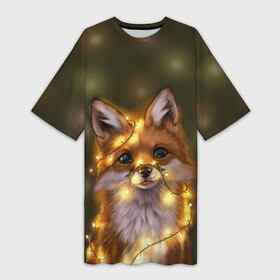 Платье-футболка 3D с принтом Лисёнок и гирлянда в Екатеринбурге,  |  | лампочки | лис | лиса | лисица | огоньки | праздник | рыжая