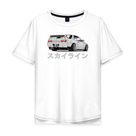Мужская футболка хлопок Oversize с принтом R32 GODZILLA в Екатеринбурге, 100% хлопок | свободный крой, круглый ворот, “спинка” длиннее передней части | godzilla | nissan | r32 | r33 | r34 | skyline | годзила | ниссан | скайлайн