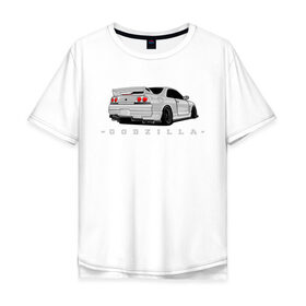 Мужская футболка хлопок Oversize с принтом R33 GODZILLA в Екатеринбурге, 100% хлопок | свободный крой, круглый ворот, “спинка” длиннее передней части | Тематика изображения на принте: godzilla | nissan | r32 | r33 | r34 | skyline | годзила | ниссан | скайлайн