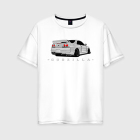 Женская футболка хлопок Oversize с принтом R33 GODZILLA в Екатеринбурге, 100% хлопок | свободный крой, круглый ворот, спущенный рукав, длина до линии бедер
 | godzilla | nissan | r32 | r33 | r34 | skyline | годзила | ниссан | скайлайн