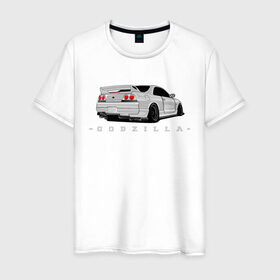 Мужская футболка хлопок с принтом R33 GODZILLA в Екатеринбурге, 100% хлопок | прямой крой, круглый вырез горловины, длина до линии бедер, слегка спущенное плечо. | godzilla | nissan | r32 | r33 | r34 | skyline | годзила | ниссан | скайлайн