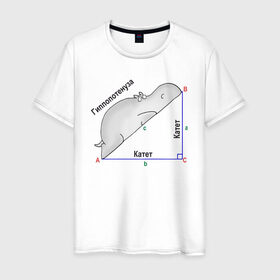 Мужская футболка хлопок с принтом Гиппопотинуза в Екатеринбурге, 100% хлопок | прямой крой, круглый вырез горловины, длина до линии бедер, слегка спущенное плечо. | гиппопотам. гипотенуза. катет | теорема | треугольник | угол. геометрия. математика. школа