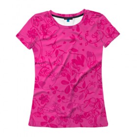 Женская футболка 3D с принтом Романтика в Екатеринбурге, 100% полиэфир ( синтетическое хлопкоподобное полотно) | прямой крой, круглый вырез горловины, длина до линии бедер | нежный | розовый | узоры | цветы