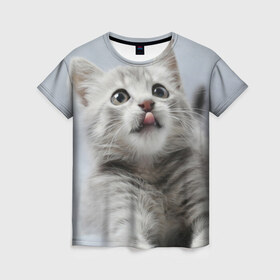 Женская футболка 3D с принтом Котенок в Екатеринбурге, 100% полиэфир ( синтетическое хлопкоподобное полотно) | прямой крой, круглый вырез горловины, длина до линии бедер | голова | животные | кот | котенок | котик | кошка | мордочка | природа | язык