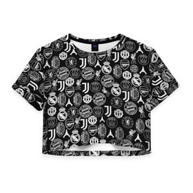 Женская футболка 3D укороченная с принтом ЛОГО ФУТБОЛЬНЫХ КОМАНД в Екатеринбурге, 100% полиэстер | круглая горловина, длина футболки до линии талии, рукава с отворотами | 
