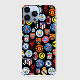 Чехол для iPhone 13 Pro Max с принтом ЛОГО ФУТБОЛЬНЫХ КОМАНД в Екатеринбурге,  |  | atletico madrid | barca | bayern munchen | chelsea | fc | football | juventus | liverpool | manchester city | manchester united | milan | pattern | real madrid | russia | барселона | паттерн